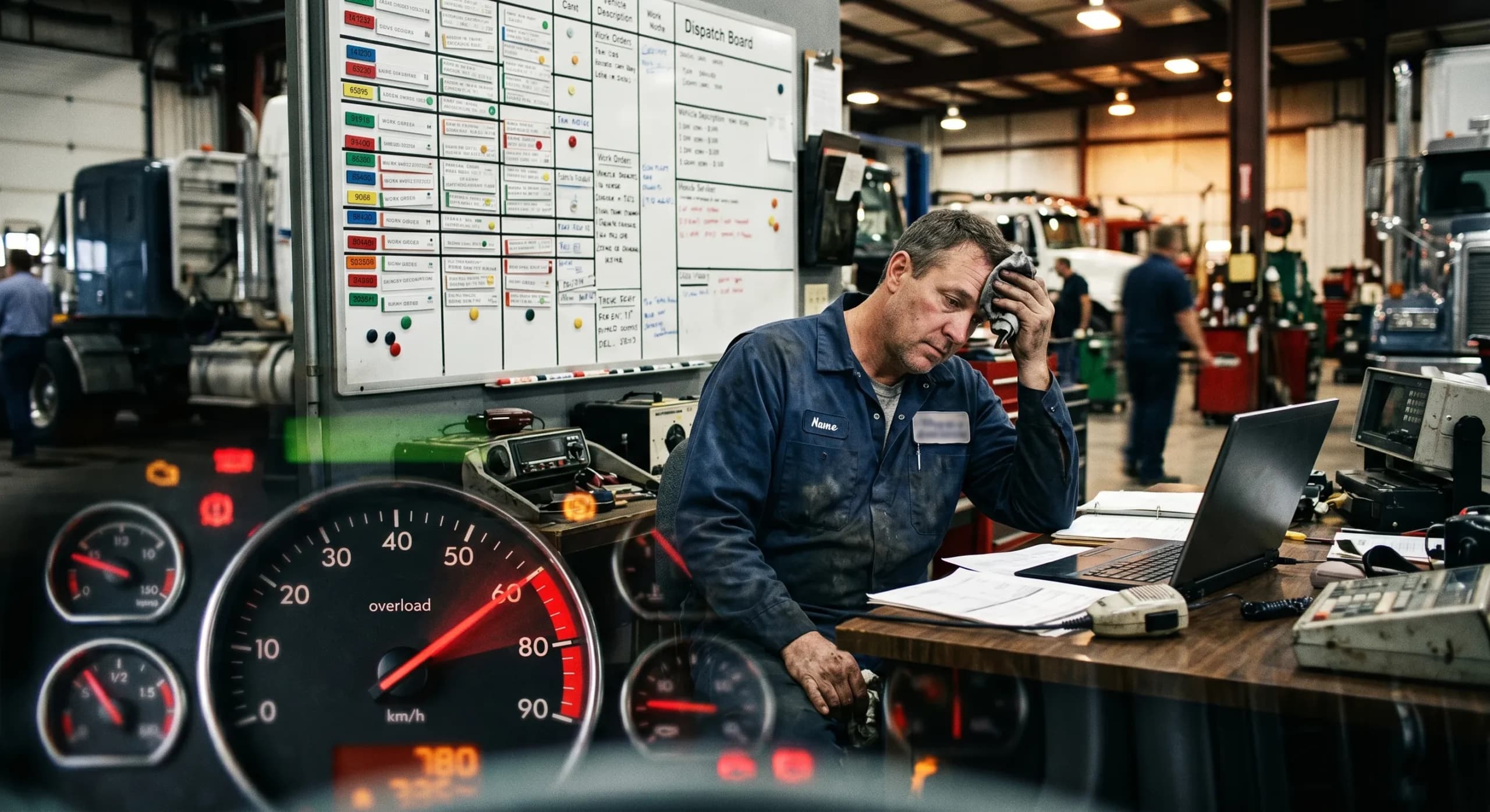 Service technician and dispatch board shown with a truck tachometer in the red