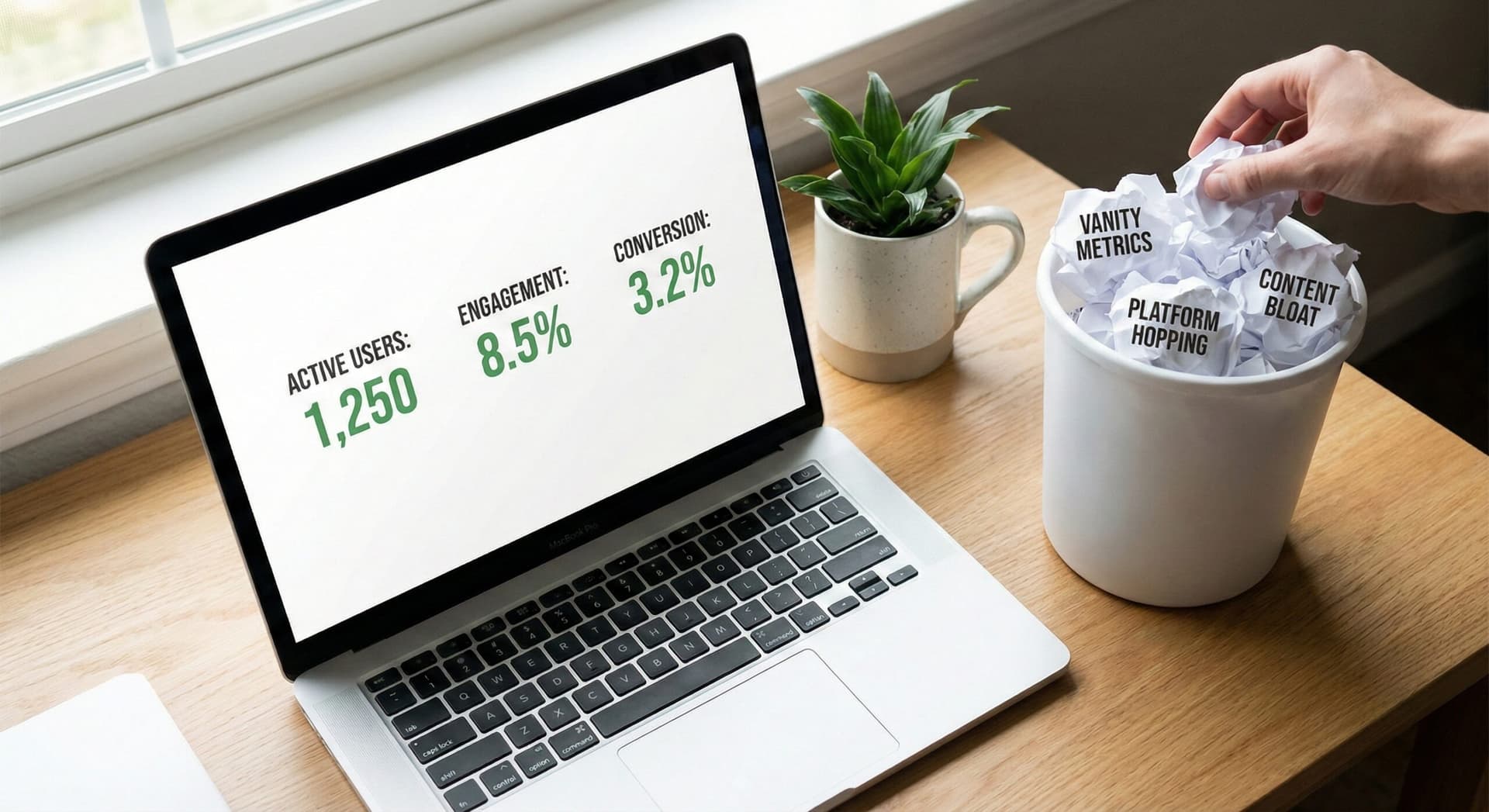 Minimalist workspace with focused metrics dashboard and discarded marketing buzzwords in waste bin Minimalist workspace with focused metrics dashboard and discarded marketing buzzwords in waste bin