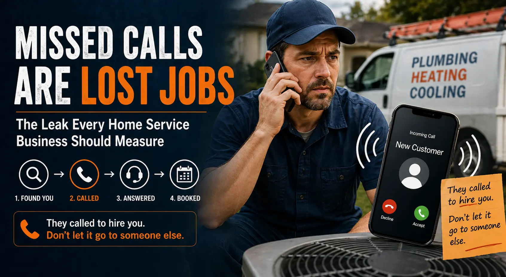 Home service technician on a phone beside a work van, with a large incoming customer call graphic and the message “Missed Calls Are Lost Jobs.” Home service technician on a phone beside a work van, with a large incoming customer call graphic and the message “Missed Calls Are Lost Jobs.”